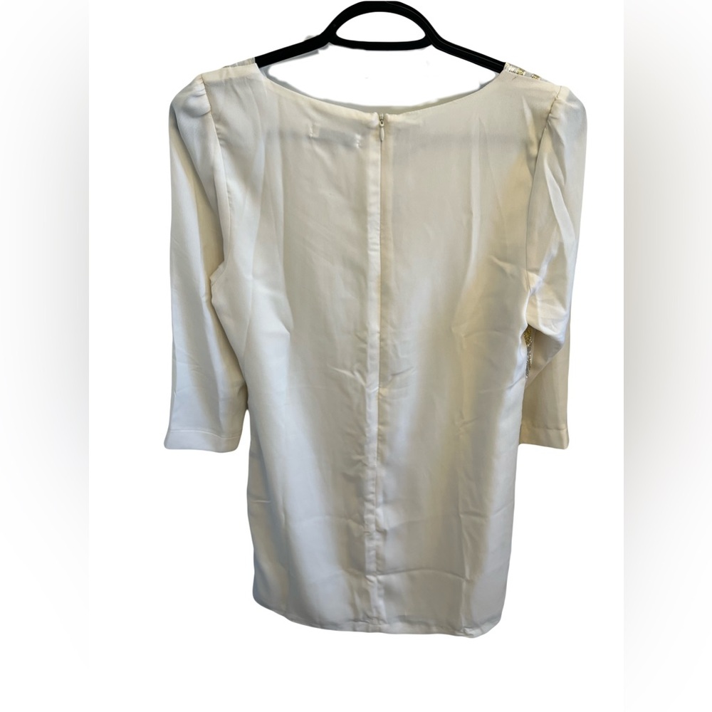 Dainty Hooligan 3/4 Sleeve Gold Silver Cream White Metallic Scallop Shift Dress - Picture 3 of 7